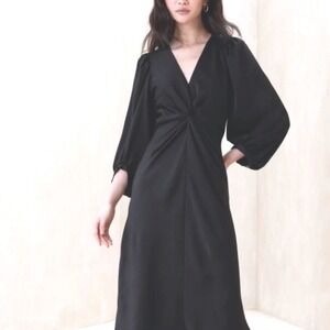 Banana Republic Black Satin Twist Front Puff Sleeve Midi Dress Size 4 NWT $120
